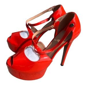 Orange Patent Platform Pumps